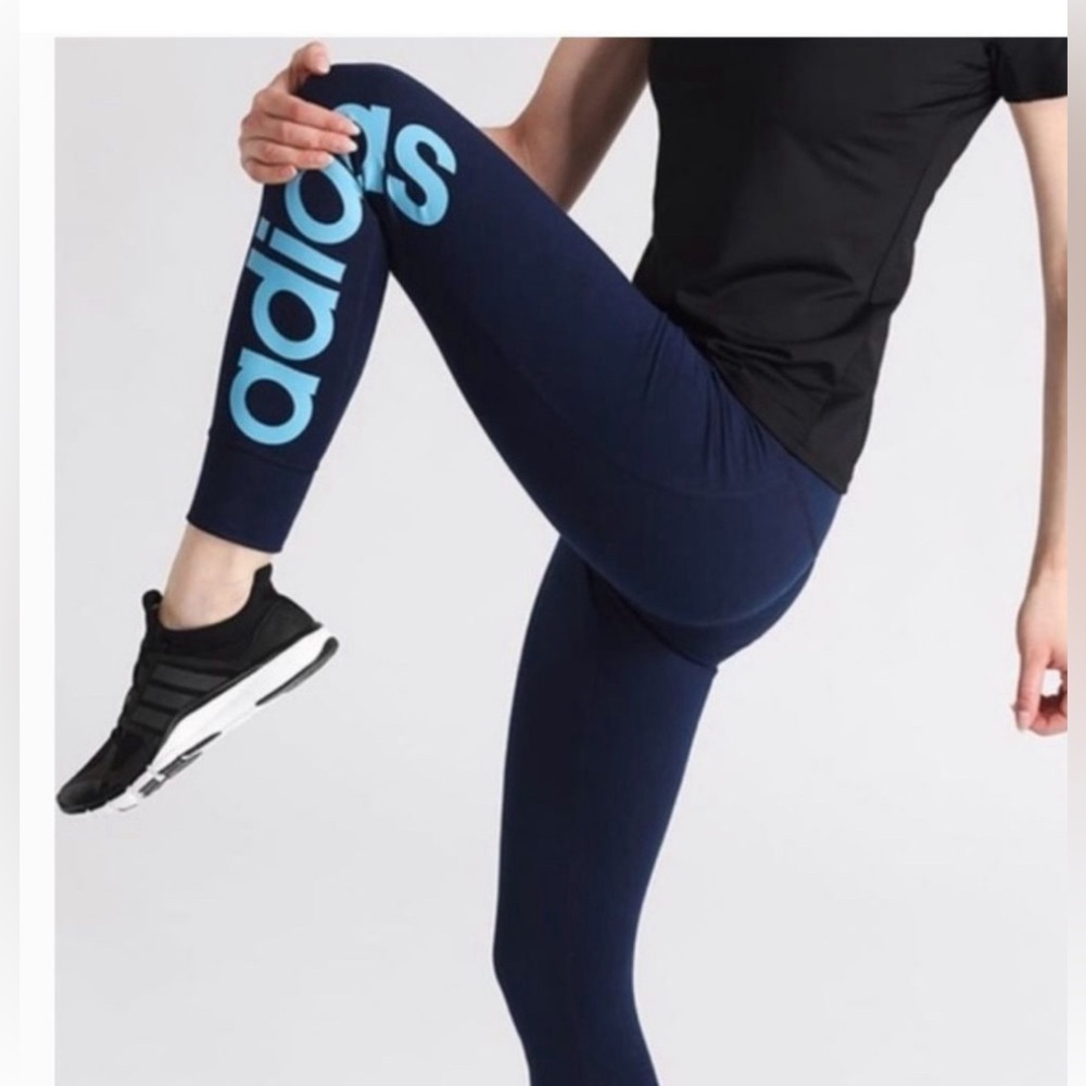 Adidas NWT 3/4 Mid rise Mix fab tights leggings, blue and powder blue lettering'